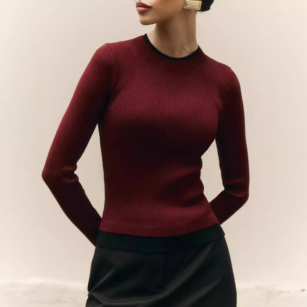 Damen figurbetontes Strickoberteil mit kontrastierenden Bündchen WW