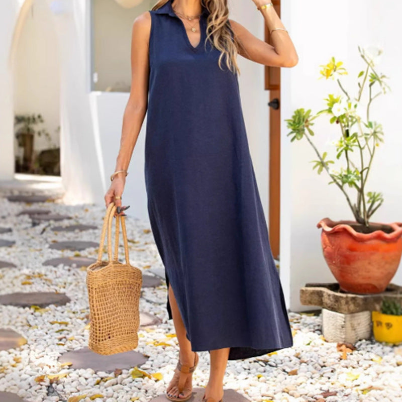 Damen Maxikleid mit elegantem V-Ausschnitt und seitlichem Schlitz WW