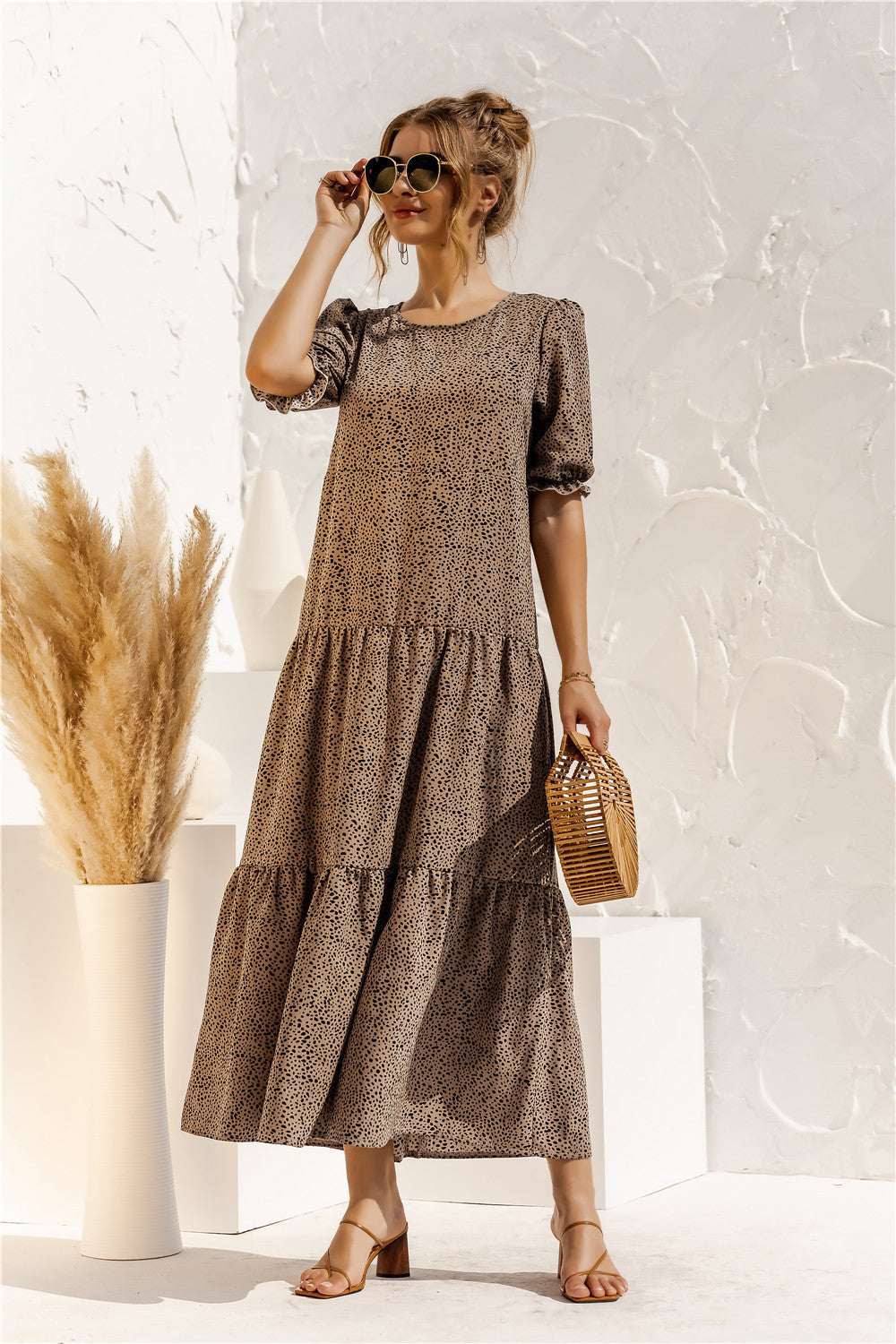 Damen Maxikleid mit Karomuster und voluminösen Puffärmeln WW