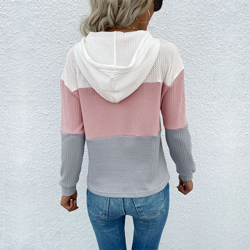 Damen Waffelstrick-Kapuzenpullover mit modischem Farbblockdesign WW