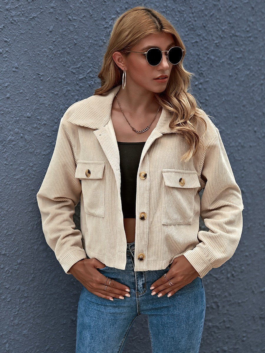 Damen modische Kordjacke mit aufgesetzten Taschen WW