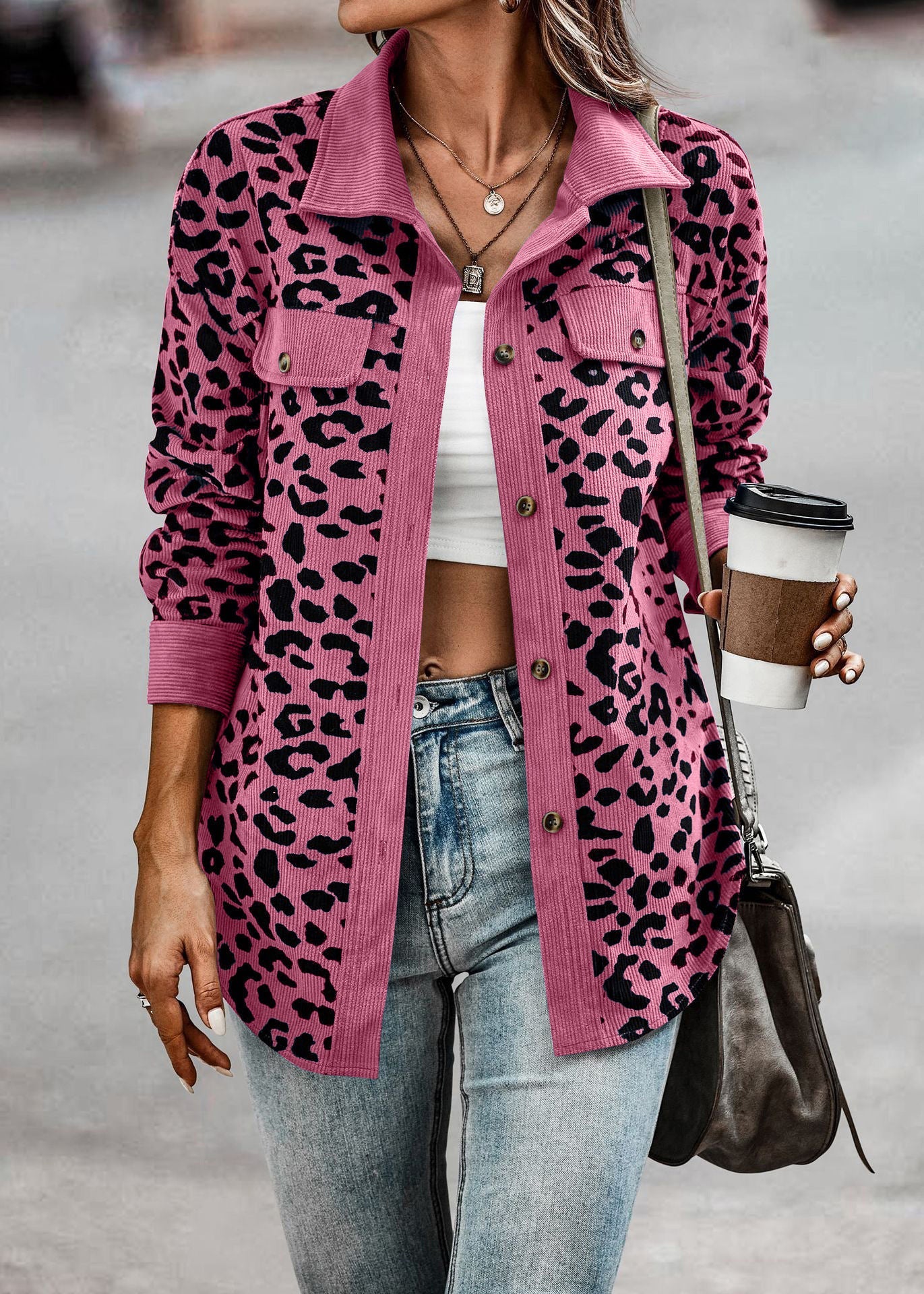 Damen Stilvolle Übergroße Leopardenmuster Jacke WW