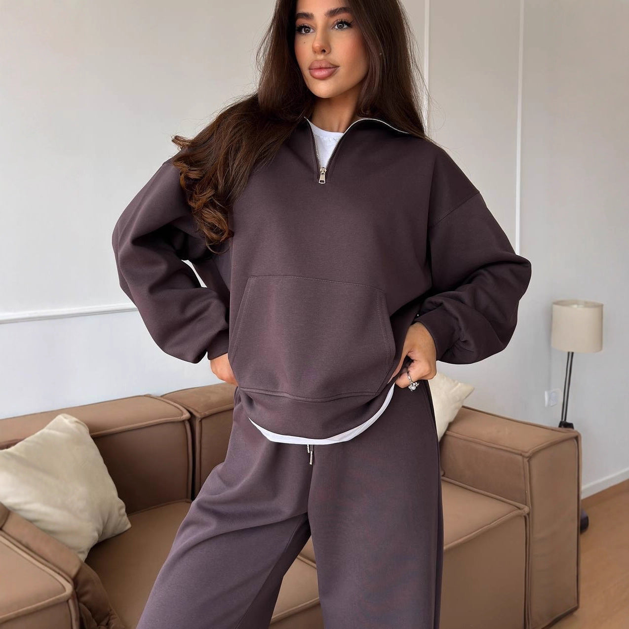 Damen lässiges Fleece-Set mit hochgeschlossenem Reißverschluss und weiten Beinen WW