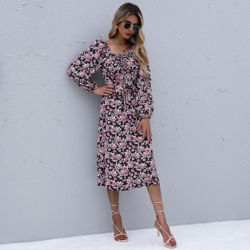 Damen Maxikleid mit floralen Raffungen und schmalem Taillengürtel WW