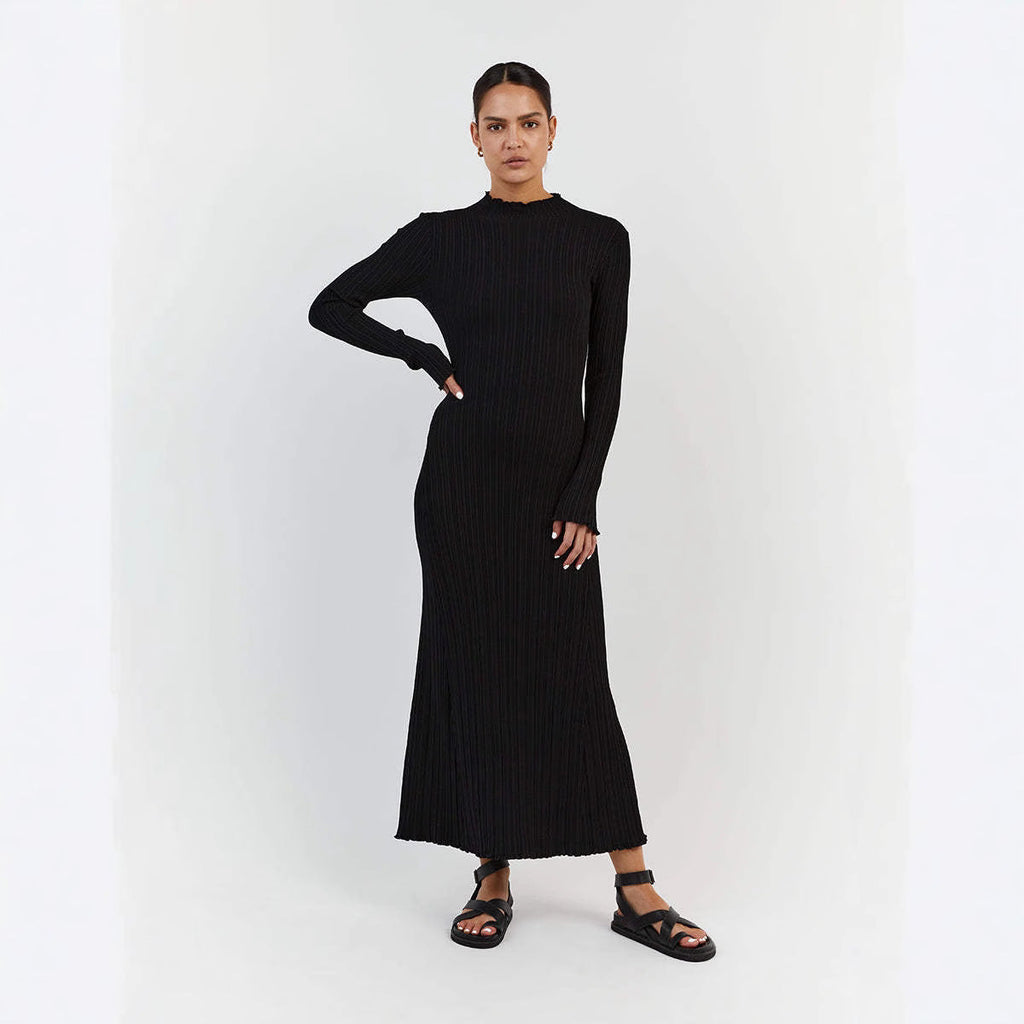 Damen Elegantes Maxikleid mit strukturiertem Rippdesign und femininem Kragen WW