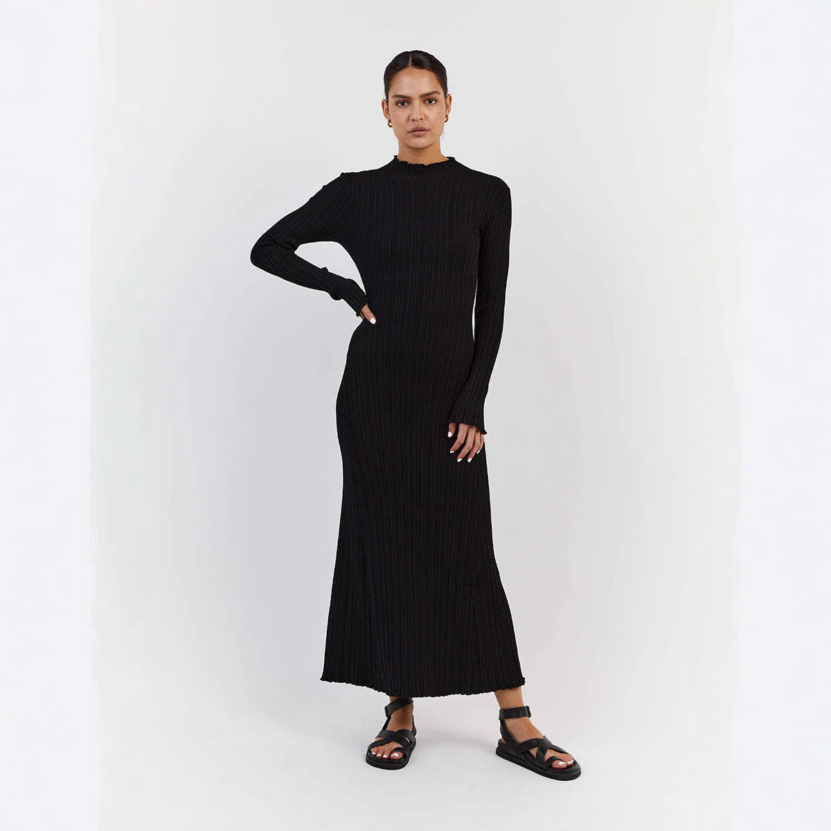 Damen Elegantes Maxikleid mit strukturiertem Rippdesign und femininem Kragen WW