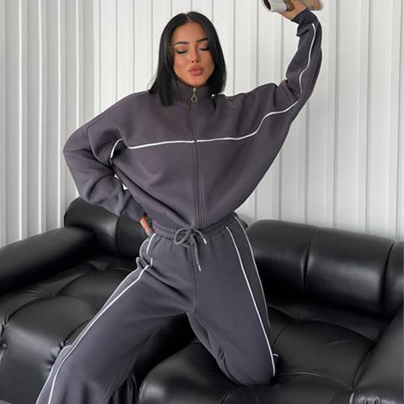 Damen lässiges Crop-Sweat-Set mit weitem Schnitt und hohem Kragen WW
