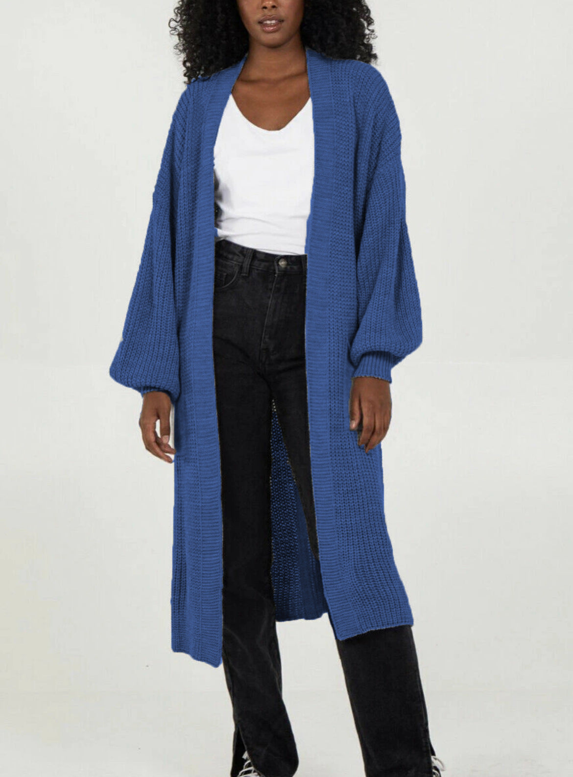 Damen Langer Strickcardigan mit voluminösen Ärmeln und offenem Schnitt WW