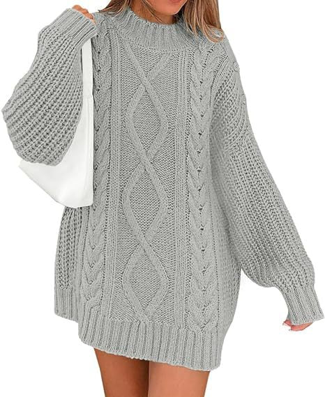 Damen Grobstrick Pulloverkleid mit asymmetrischem Saum und Zopfdesign WW