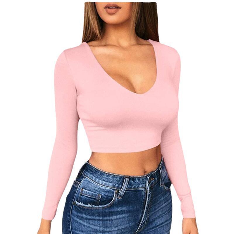 Damen modisches Crop-Top mit tiefem V-Ausschnitt und langen Ärmeln WW