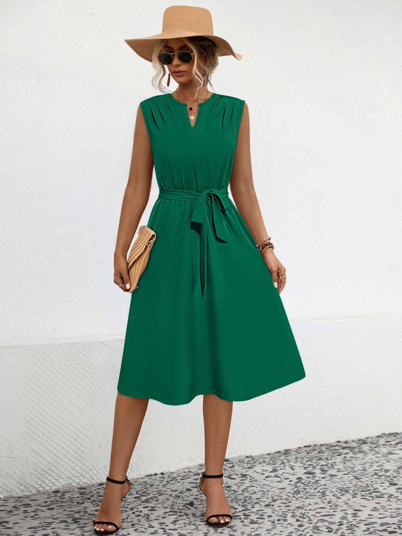 Damen Midi-Kleid mit schicker Raffung und taillierbarem Gürtel WW