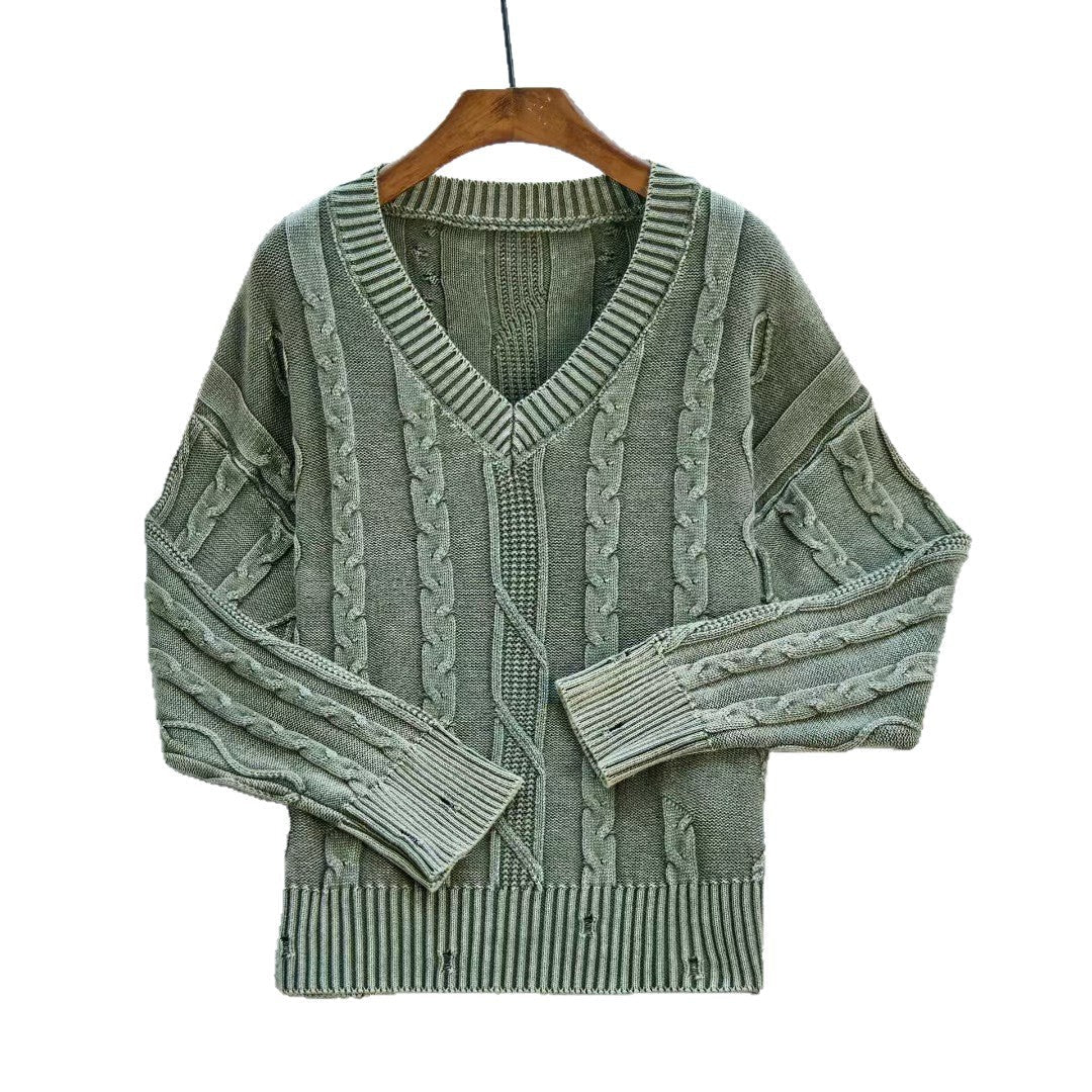 Damen Modischer Strickpullover mit V-Ausschnitt und Zopfmuster WW