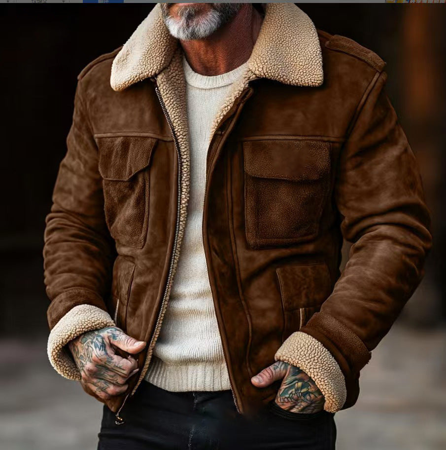 Herren Lederjacke im Vintage-Stil mit Kunstfellkragen und mehreren Taschen WW