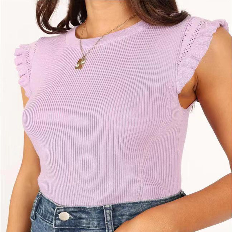 Damen figurbetontes Ripp-Shirt mit Rüschen WW