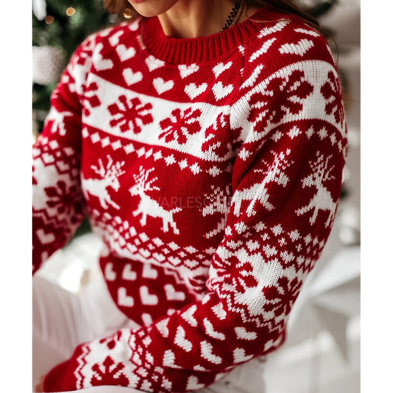 Damen Strickpullover mit weihnachtlichem Muster und Rundhalsausschnitt WW