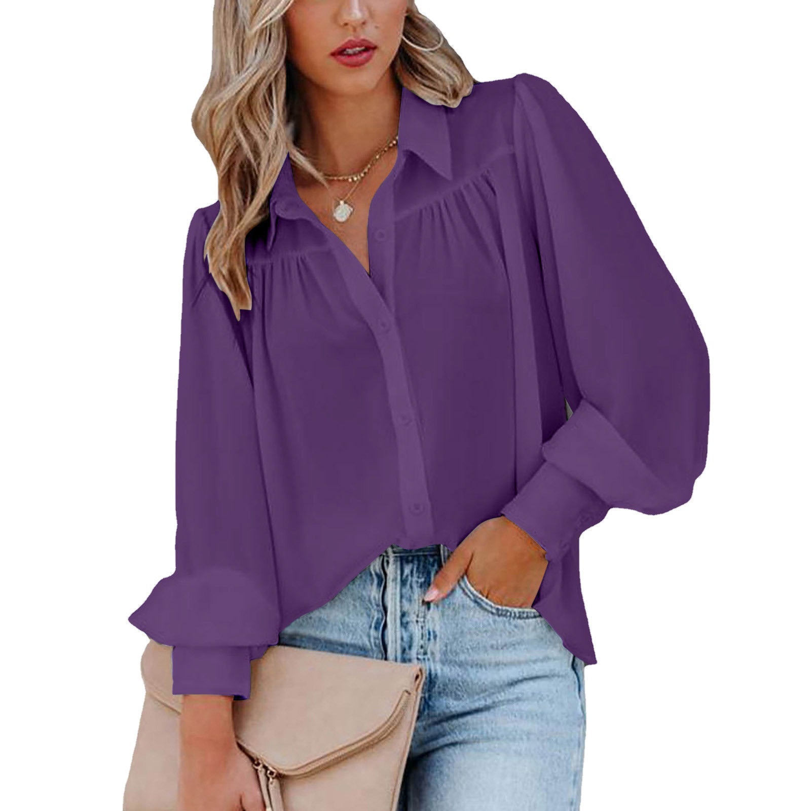 Damen Elegante Bluse mit Puffärmeln und Knopfdetails WW