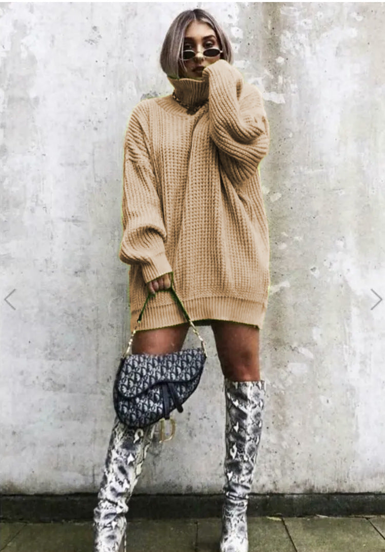 Damen Oversized Strickpullover mit hohem Kragen und Waffelmuster WW