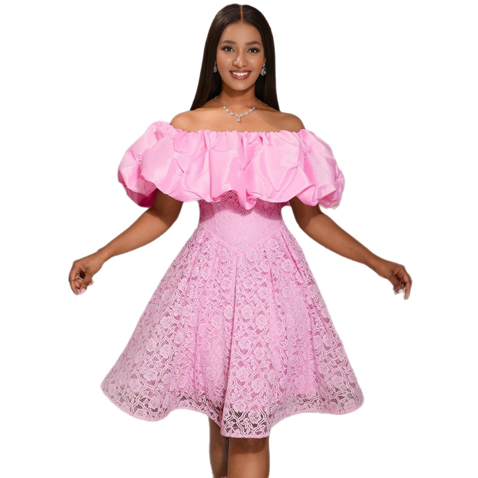 Damen A-Linien Kleid mit floralen Spitzenapplikationen und voluminösen Puffärmeln WW