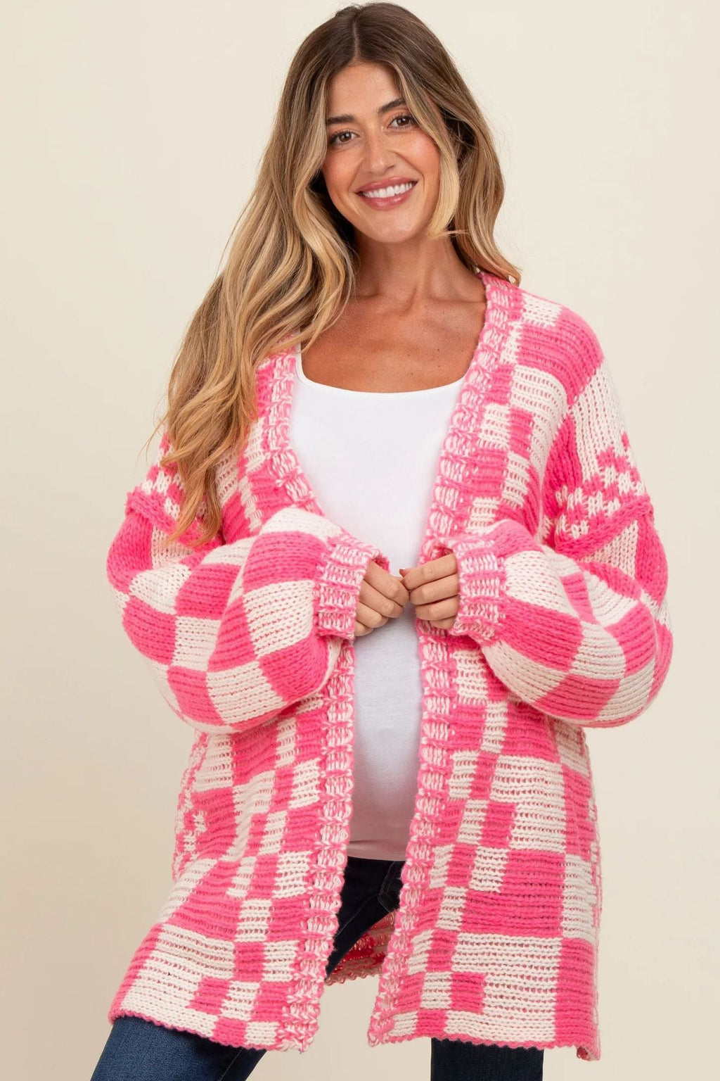 Damen lässiger Strickcardigan mit Karomuster und oversized Schnitt WW