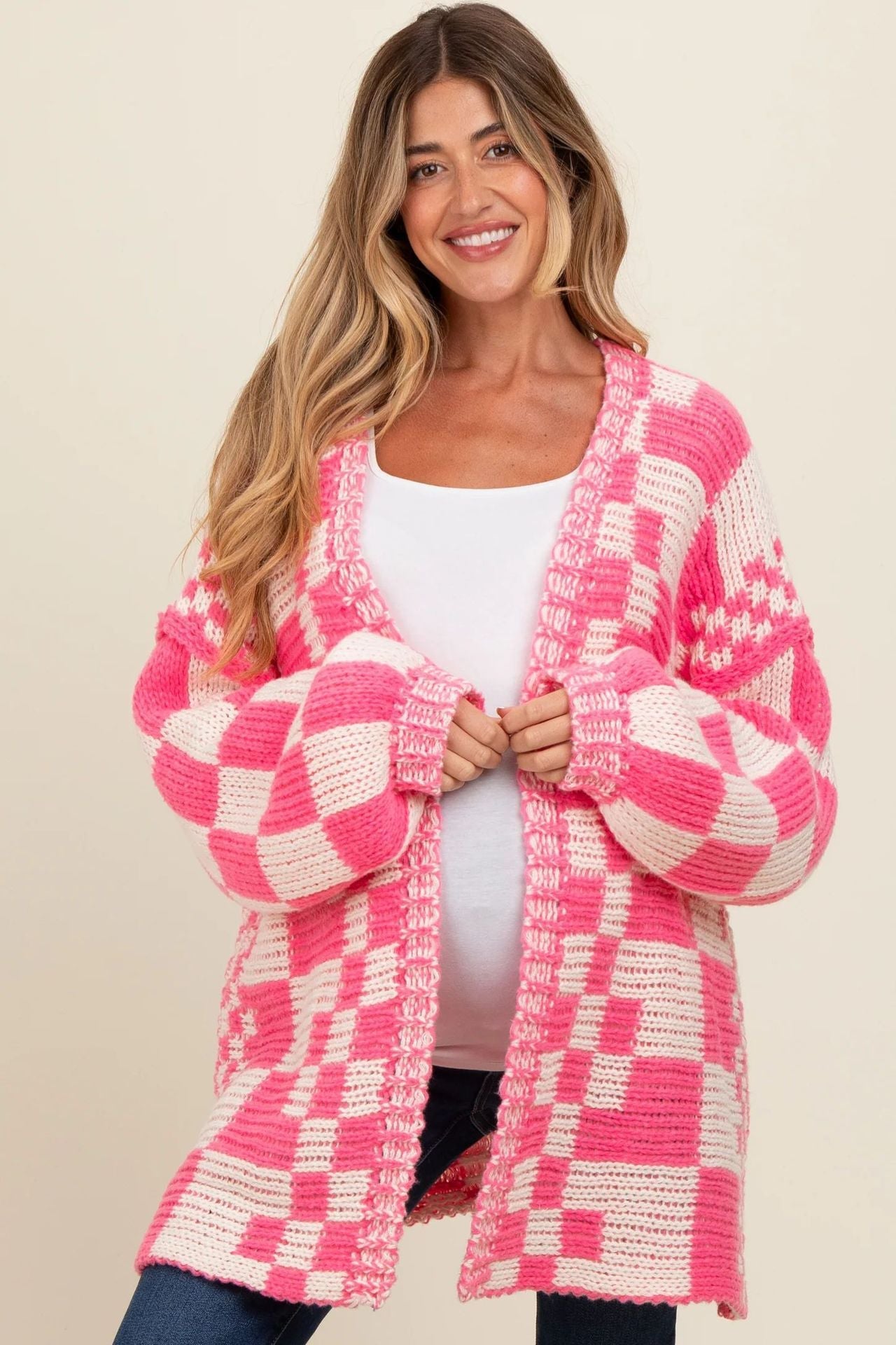 Damen lässiger Strickcardigan mit Karomuster und oversized Schnitt WW
