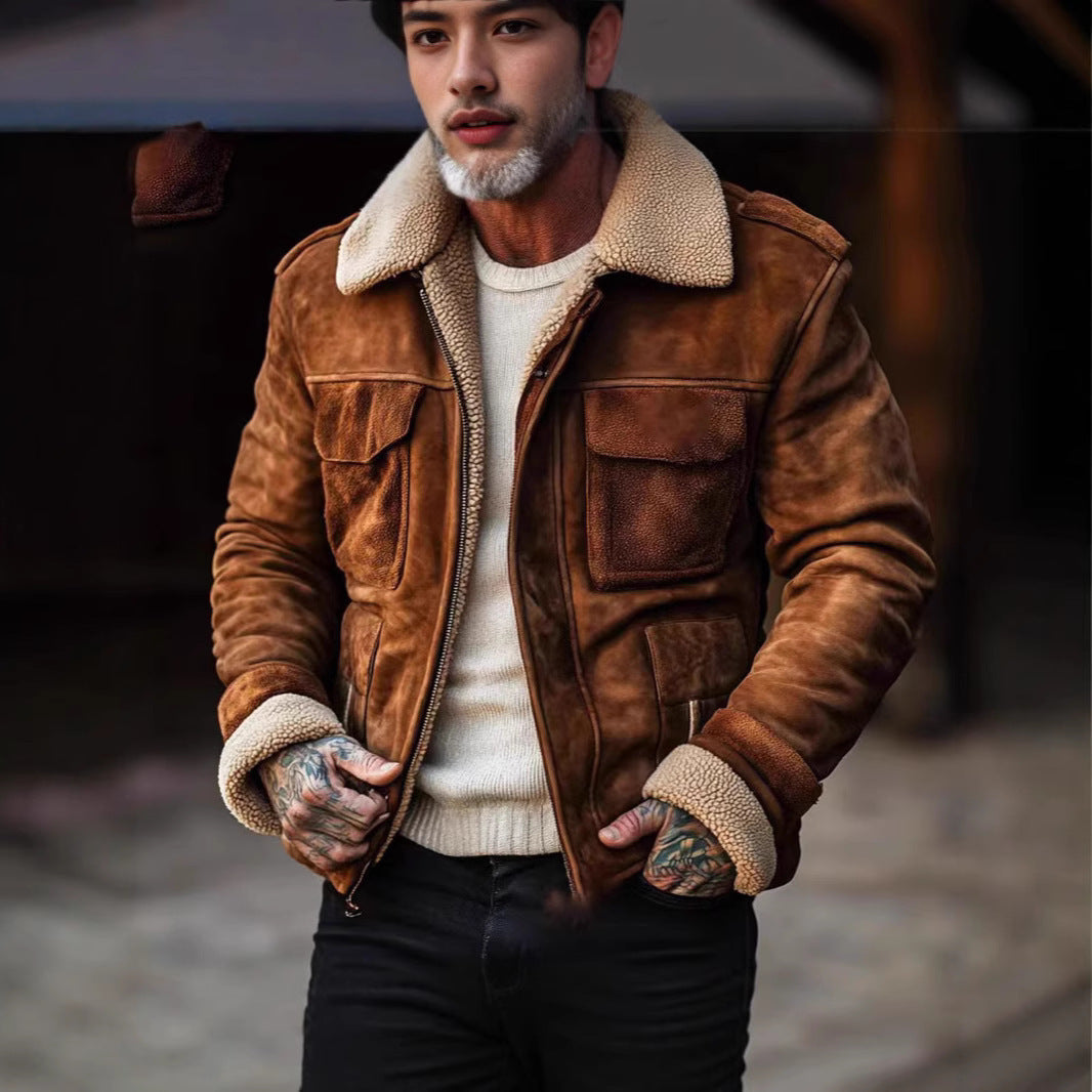 Herren Lederjacke im Vintage-Stil mit Kunstfellkragen und mehreren Taschen WW