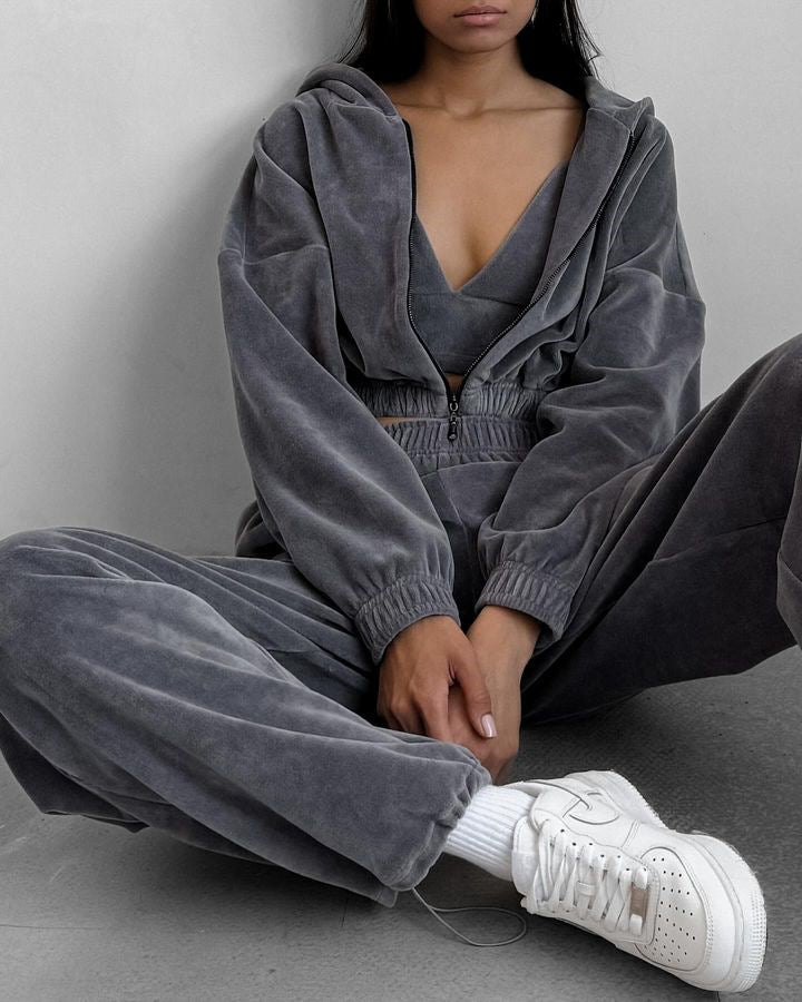 Damen Sportliches Fleece-Set mit hochschließendem Reißverschluss und elastischem Bund WW