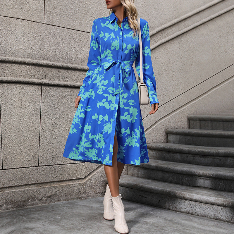 Damen langärmliges Maxikleid mit floralen Mustern und elegantem Gürtel WW