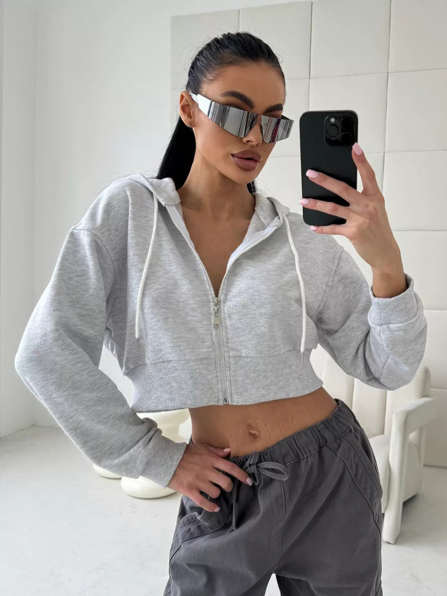 Damen lässiger Kurzarm Zip-Hoodie WW