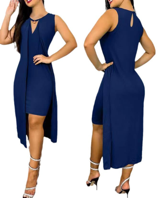 Damen ärmelloses Maxikleid mit tiefem V-Ausschnitt und seitlichem Schlitz WW