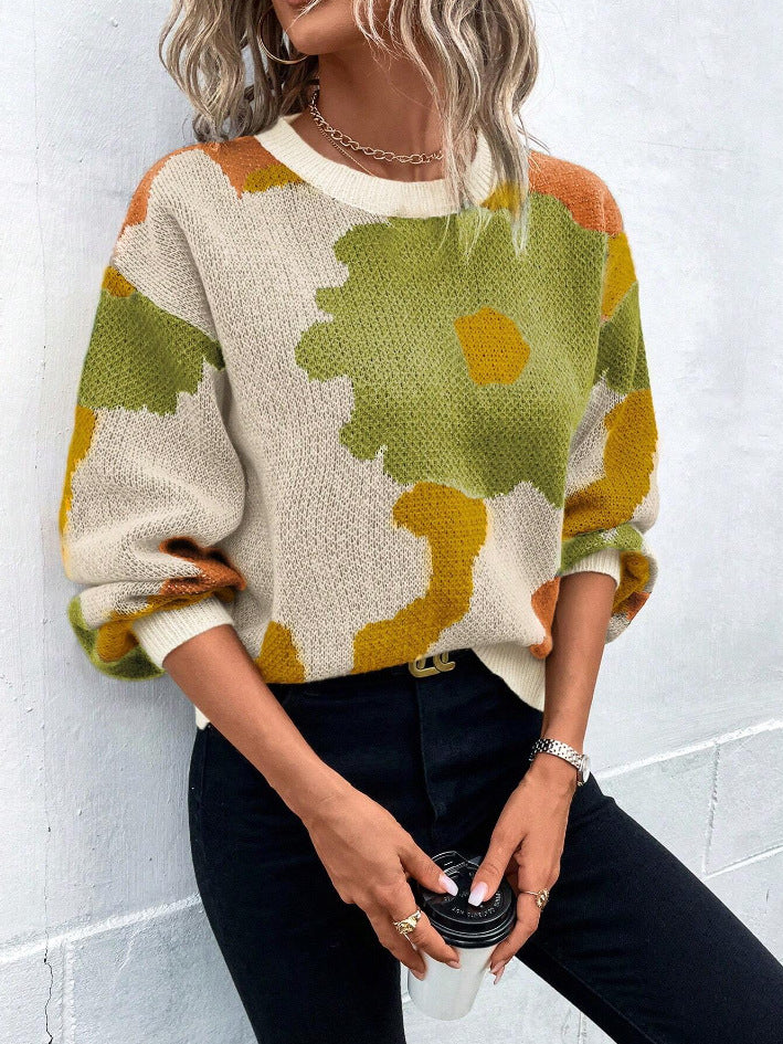 Damen modischer Pullover mit floralem Muster und weiten Ärmeln WW