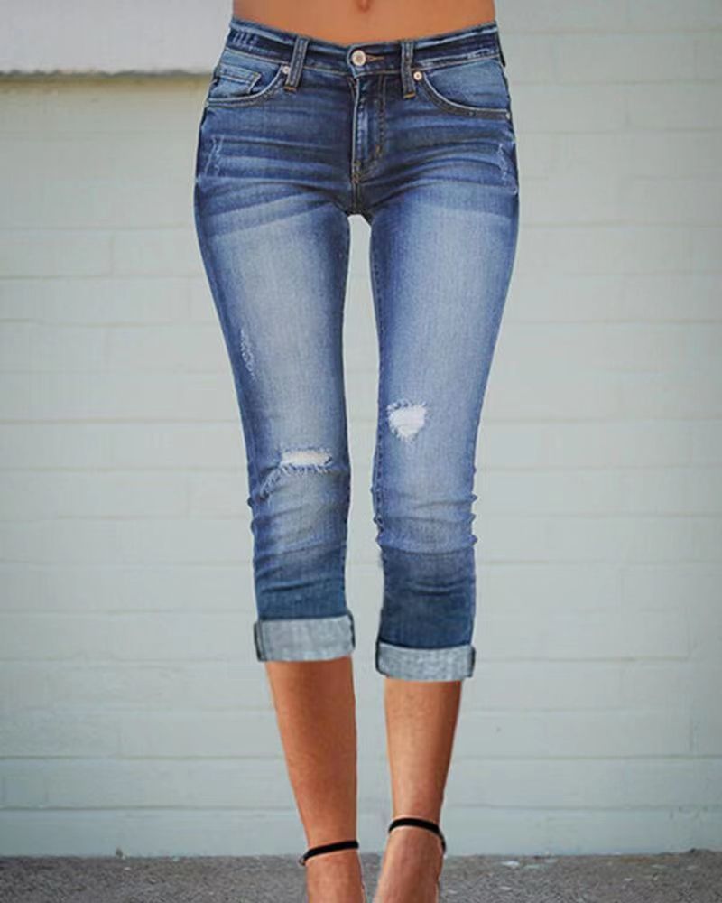 Damen 3/4 Jeans mit lässigem Schnitt und ausgefransten Säumen WW
