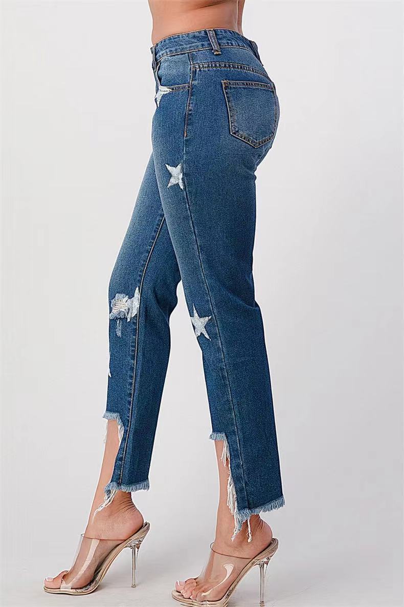 Damen modische Jeans mit Sternen-Design und fransigem Saum WW