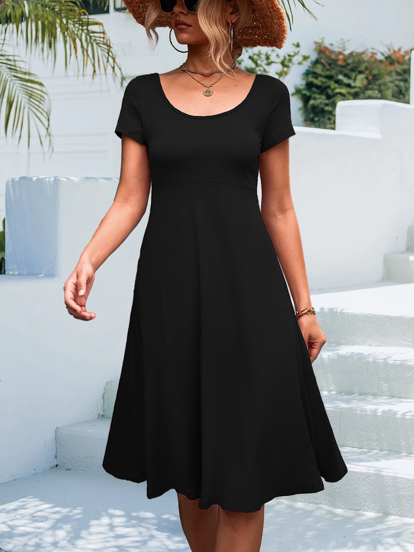 Damen A-Linien Kleid mit kurzen Ärmeln und rundem Ausschnitt WW