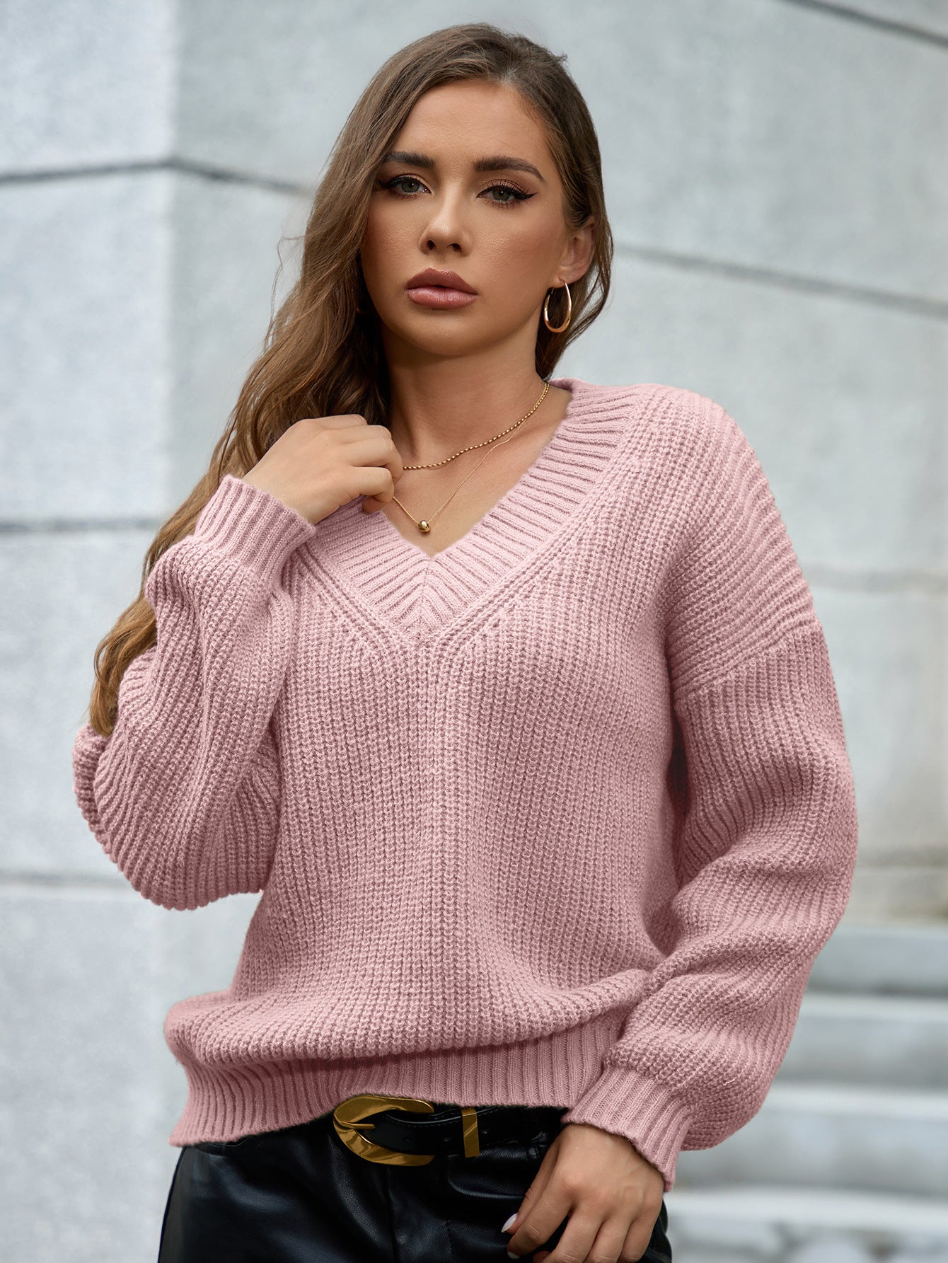 Damen gemütlicher V-Ausschnitt Strickpullover mit lockerem Schnitt und strukturiertem Muster WW