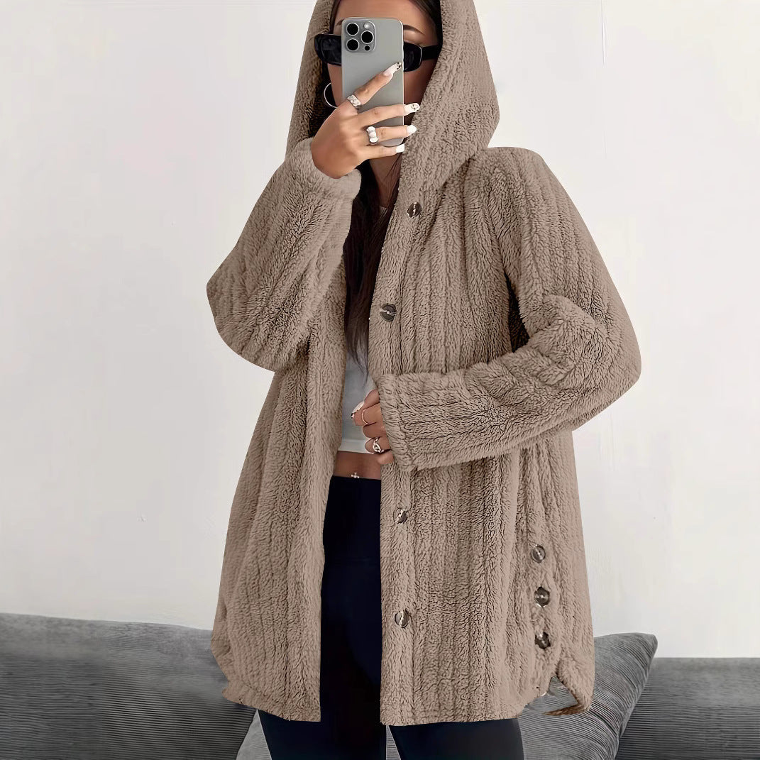 Damen kuschelige Fleecejacke mit Kapuze und Knopfverschluss WW
