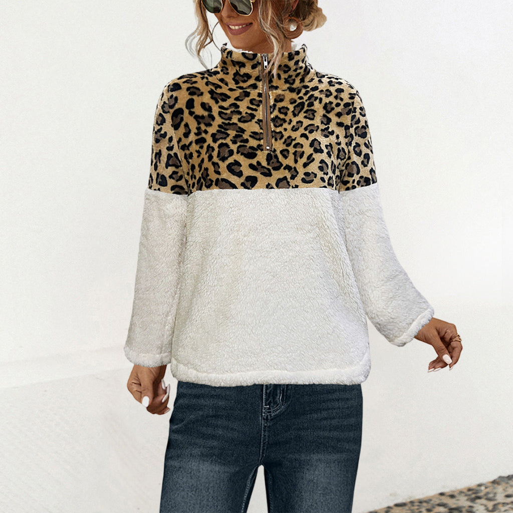 Damen Fleece-Pullover mit attraktivem Leopardenmuster und halbem Reißverschluss WW