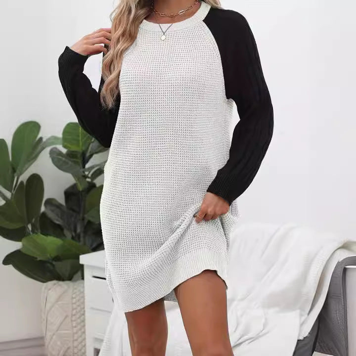Damen lässiges Strickkleid mit kontrastierenden Ärmel-Design WW
