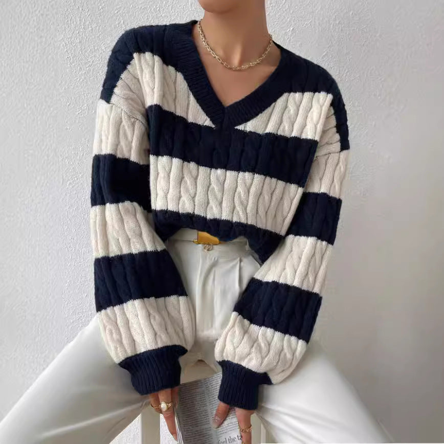 Damen V-Ausschnitt Strickpullover mit Rippstruktur und langen Ärmeln WW