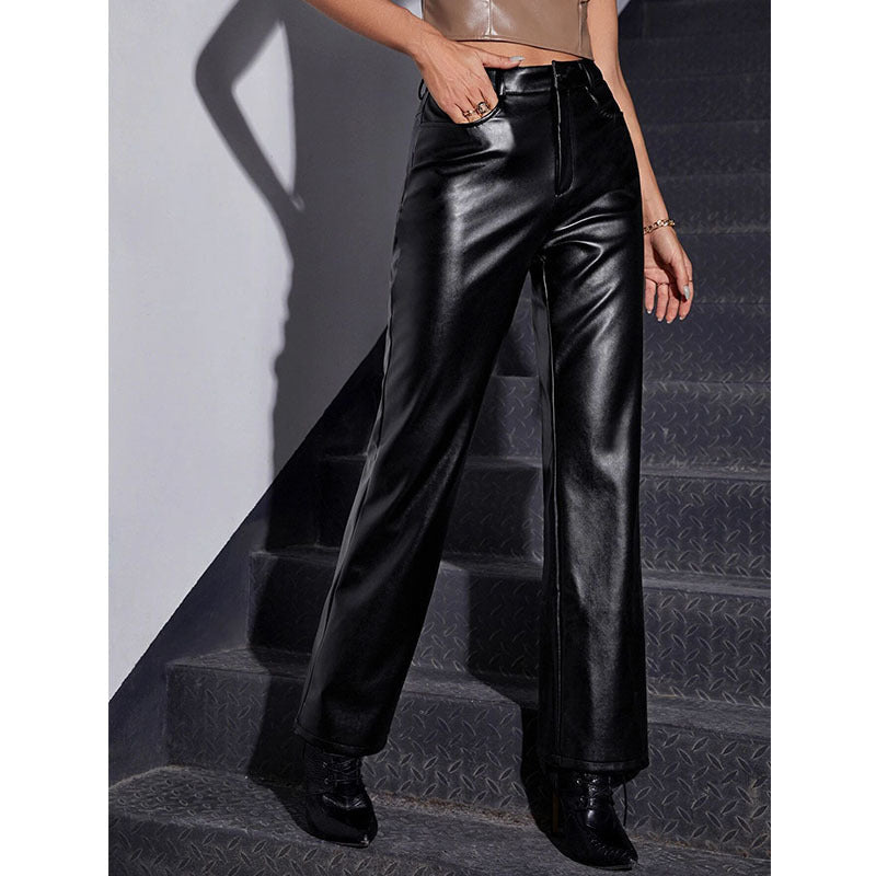 Damen Modische High-Waist Lederhose WW