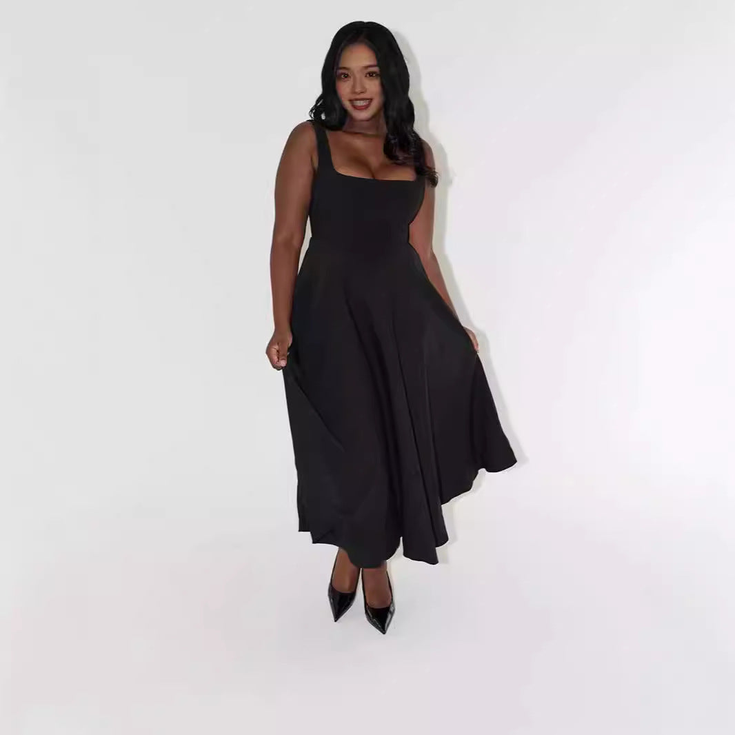 Damen A-Linien Maxikleid mit quadratischem Ausschnitt und fließendem Stoff WW