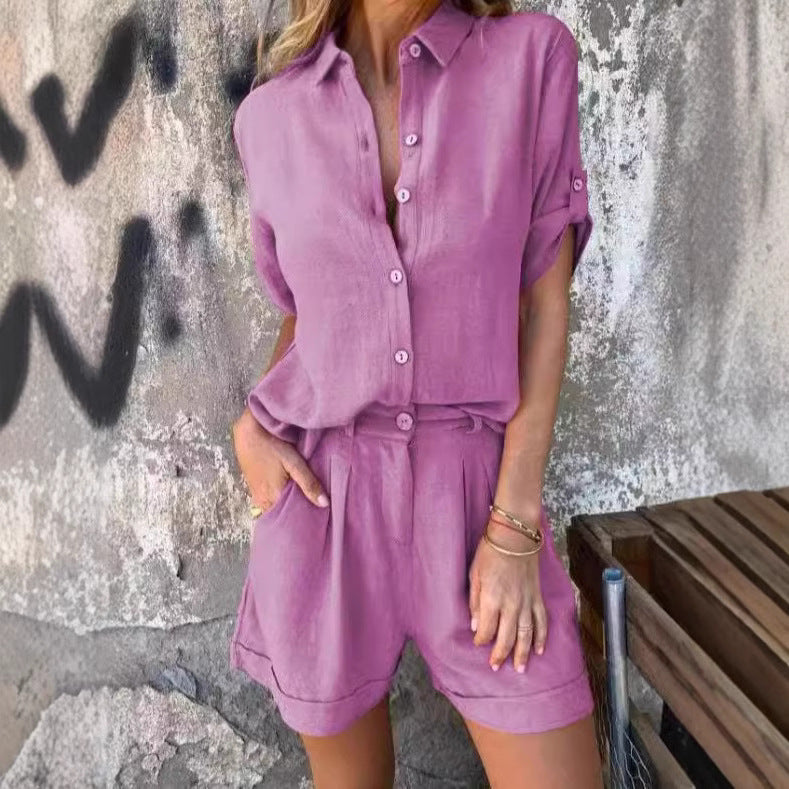 Damen Elegantes Kurzarm-Jumpsuit aus atmungsaktivem Stoff mit praktischen Taschen WW