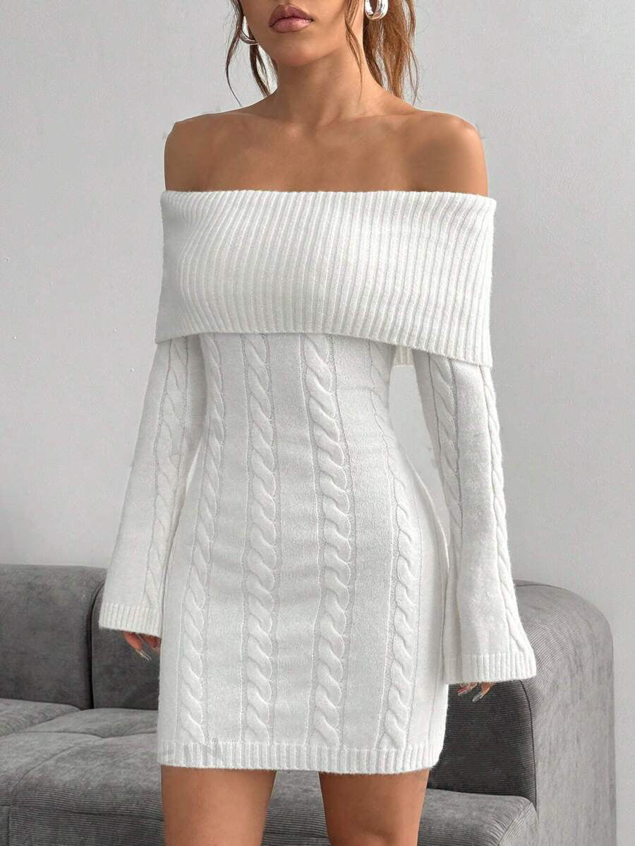 Damen Off-Shoulder Strickkleid mit Zopfmuster und voluminösen Ärmeln WW