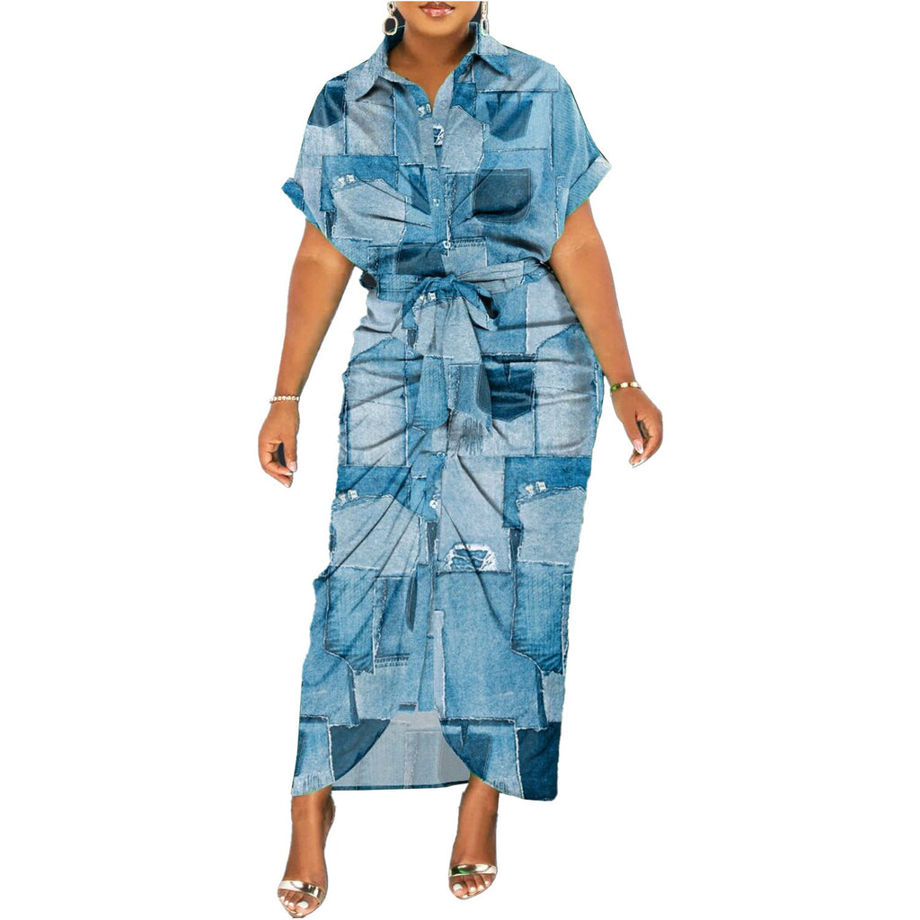 Damen Denim-Midi-Kleid mit einzigartigem Patchwork-Design und Taillengürtel WW