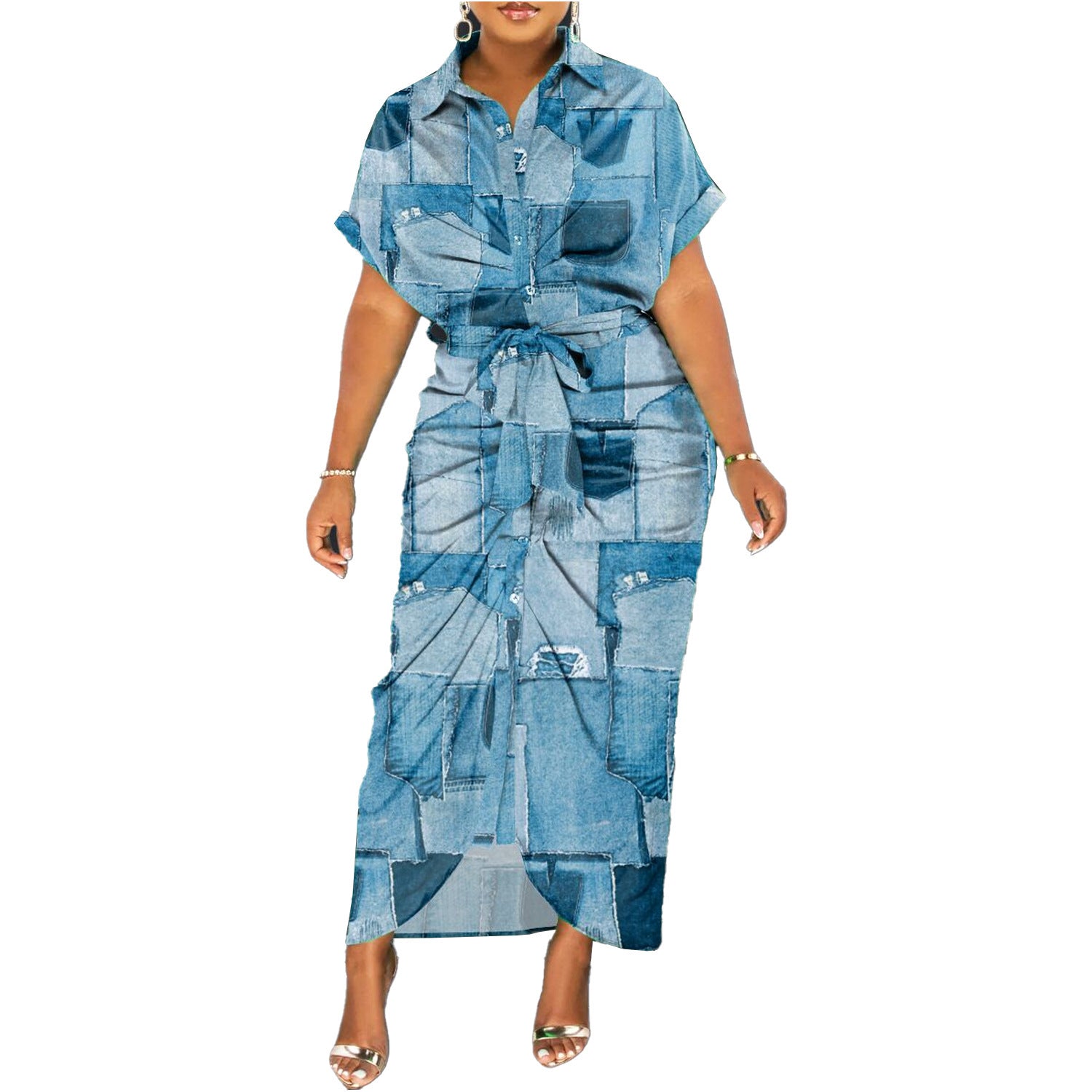 Damen Denim-Midi-Kleid mit einzigartigem Patchwork-Design und Taillengürtel WW