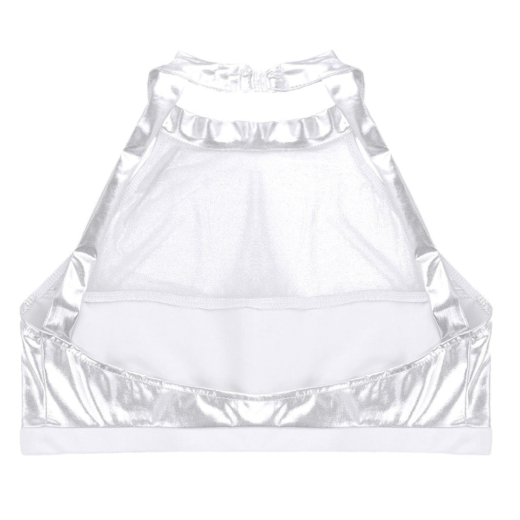 Damen Sportlicher Crop-Top aus glänzendem Material mit dekorativen Rüschen WW
