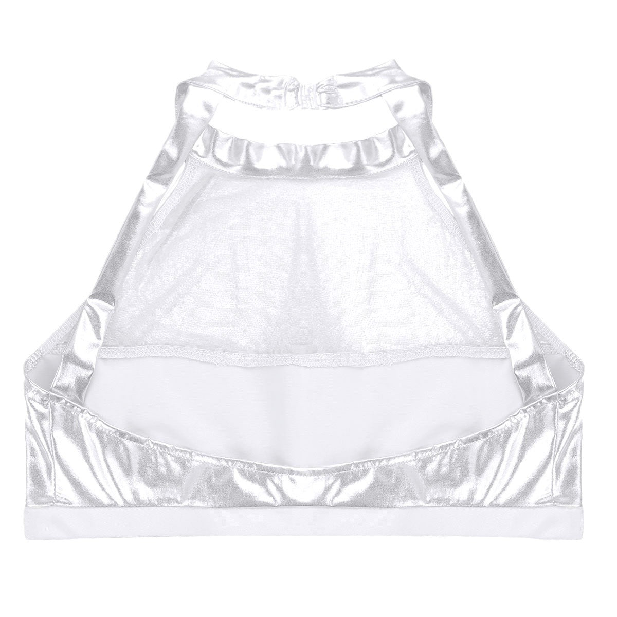 Damen Sportlicher Crop-Top aus glänzendem Material mit dekorativen Rüschen WW