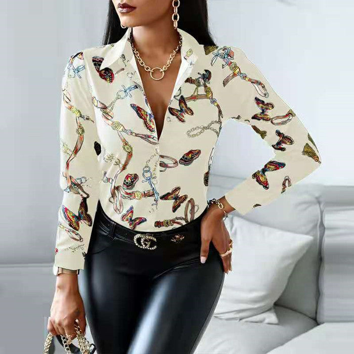 Damen elegante Bluse mit künstlerischem Druck und dekorativen Akzenten WW