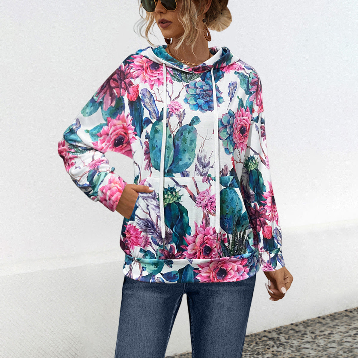 Damen Hoodie mit floralem Design und praktischer Bauchtasche WW