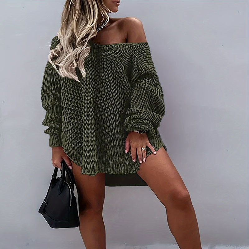 Damen lässiges Oversized-Strickkleid mit weitem Ausschnitt WW