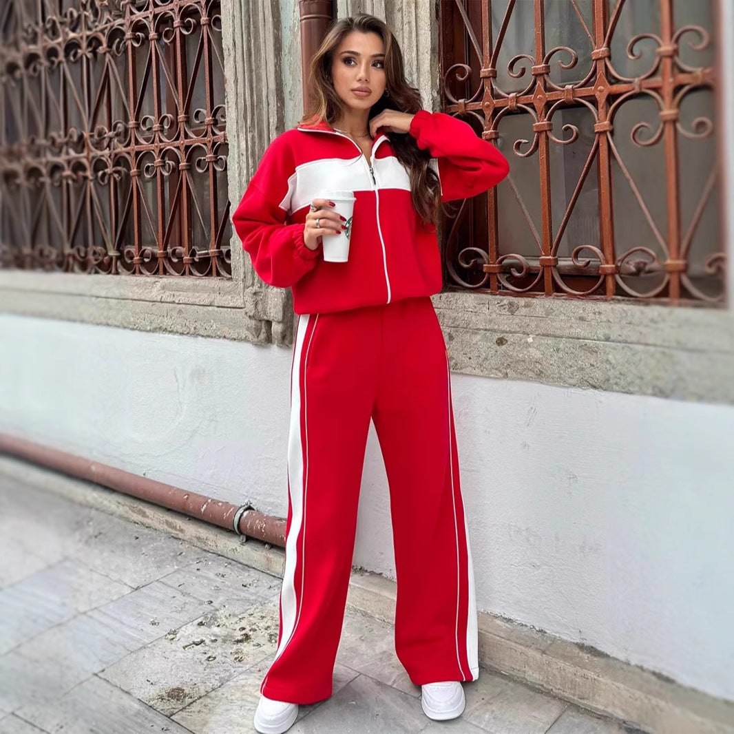 Damen sportliches Fleece-Loungewear-Set mit hohem Kragen undseitlichen Kontraststreifen WW